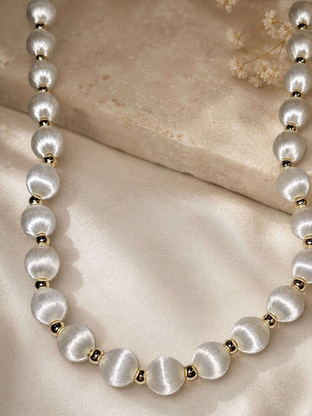 Satin White Bead Necklace with Gold Spacer Accents‎